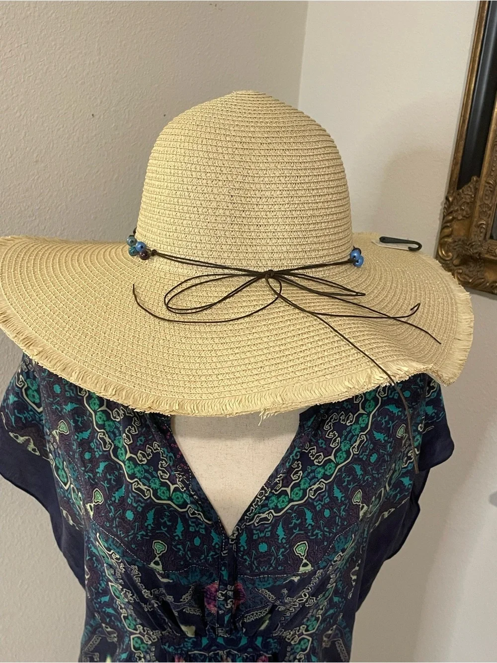 Women’s Beige Straw Sun Hat with Beaded Accent